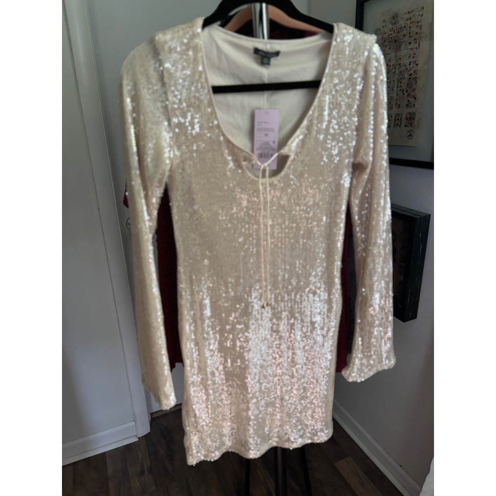 Wild Fable Womens Sequin Long Sleeve Mini Dress Cream Gold Tie Front Party XS